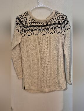 L.L.Bean Signature Cream Cable Knit Sweater with Black Fair Isle Yoke Sz.S NWT